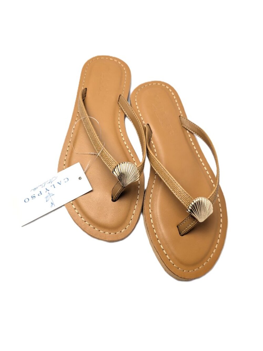 Calypso St. Barth Mariner Tan Gold Shell Thong Sandals 7 NWT